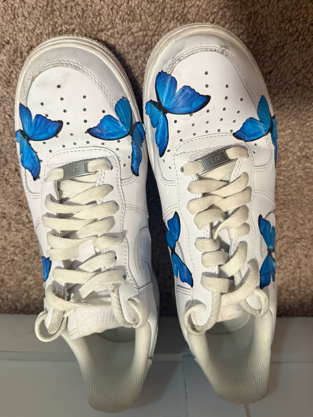 Custom HandPainted Nike AF1 White Leather Sneakers with Blue Accents